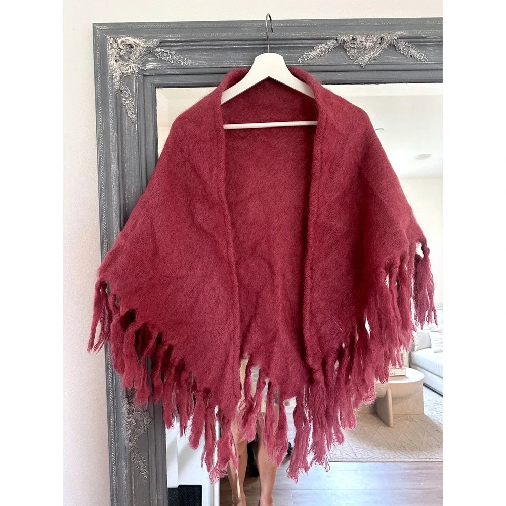 Vintage 80s St Albans Pure Mohair Pile Wrap Shawl Fringe Berry Pink Magenta